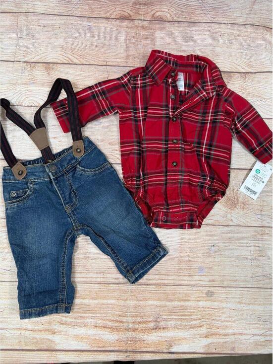 Carter's Other - Carters 3 Month Red Plaid Bodysuit and Denim Pants Set with Suspenders NWT